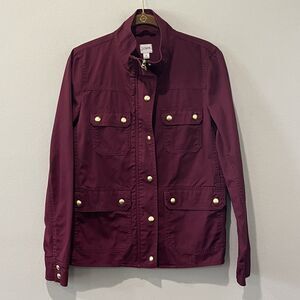 J Crew Resin Coated Twill Field‎ Jacket Women’s Small Burgundy Red Zip Snap